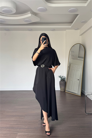 Kemerli Asimetrik Elbise-Siyah