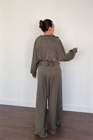 Kemerli Geniş Paça Pantolon Takım-Haki