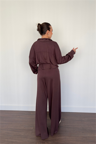 Kemerli Geniş Paça Pantolon Takım-Kahve