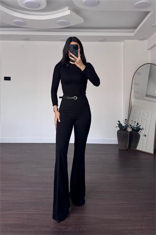 Kemerli İspanyol Paça Pantolon-Siyah