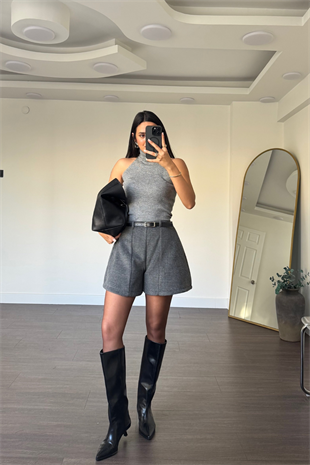 Kemerli Kaşe Şort-Antrasit