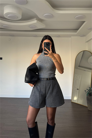 Kemerli Kaşe Şort-Antrasit