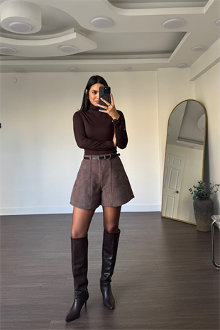 Kemerli Kaşe Şort-K-Kahve