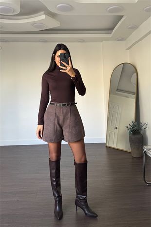 Kemerli Kaşe Şort-K-Kahve