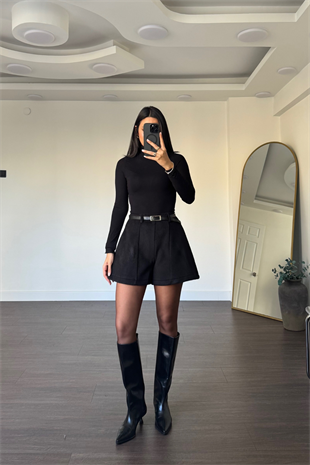 Kemerli Kaşe Şort-Siyah