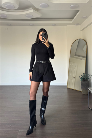 Kemerli Kaşe Şort-Siyah