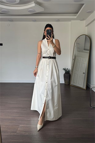 Kemerli Poplin Elbise-Ekru