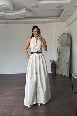 Kemerli Poplin Elbise-Ekru