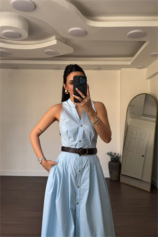 Kemerli Poplin Elbise-Mavi