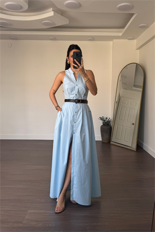 Kemerli Poplin Elbise-Mavi