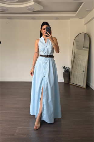 Kemerli Poplin Elbise-Mavi
