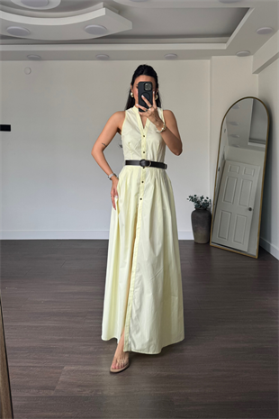 Kemerli Poplin Elbise-Sarı
