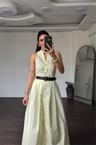 Kemerli Poplin Elbise-Sarı