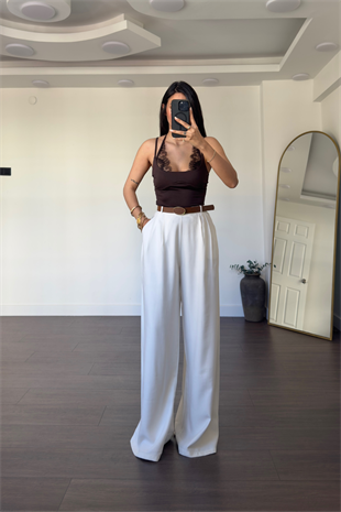 Kemerli Tensel Pantolon-Ekru
