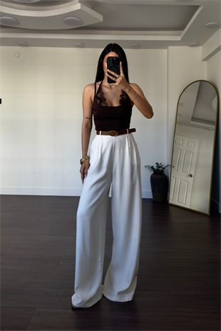 Kemerli Tensel Pantolon-Ekru