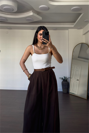 Kemerli Tensel  Pantolon-Kahve