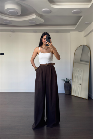 Kemerli Tensel  Pantolon-Kahve