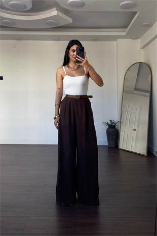 Kemerli Tensel  Pantolon-Kahve
