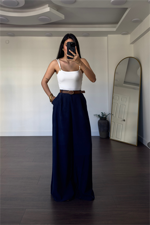 Kemerli Tensel  Pantolon-Lacivert