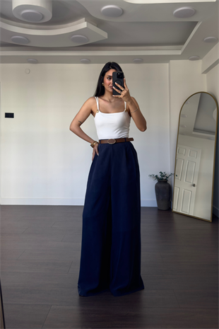Kemerli Tensel  Pantolon-Lacivert