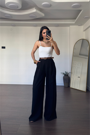 Kemerli Tensel  Pantolon-Siyah
