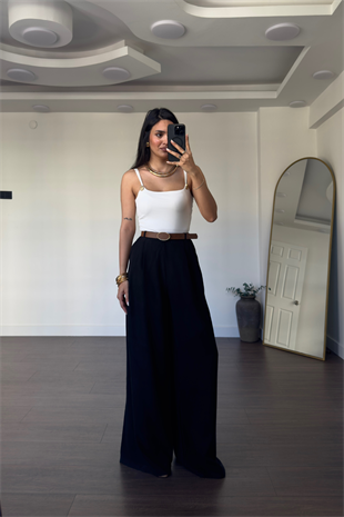 Kemerli Tensel  Pantolon-Siyah