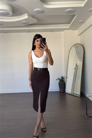 Kemerli Yırtmaçlı Kalem Etek-Kahve