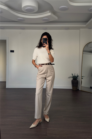 Kemerli Yüksek Bel Pantolon-Taş