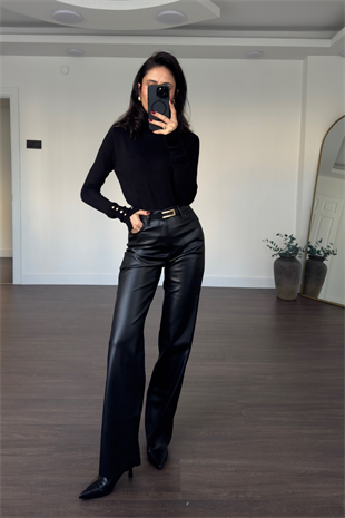 Kesik Paça Deri Pantolon-Siyah