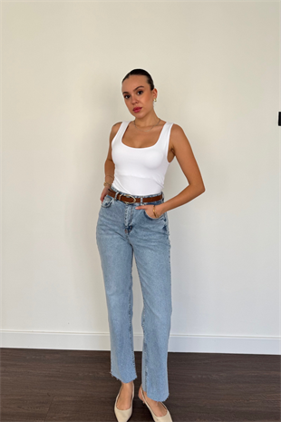 Kesik Paça Jean-Yıkamalı Mavi