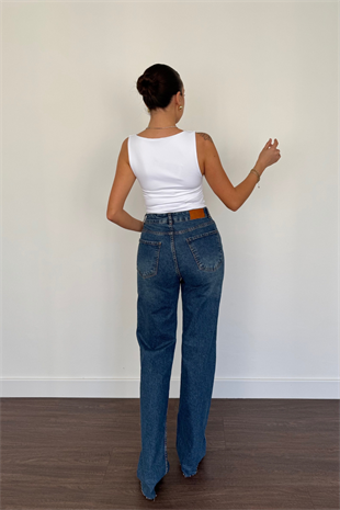 Kesik Paça Straight Jean-Eskitme Mavi