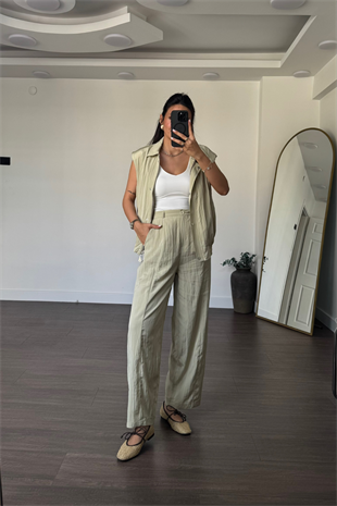 Kırashlı Yelek Pantolon Takım-Mint Yeşil