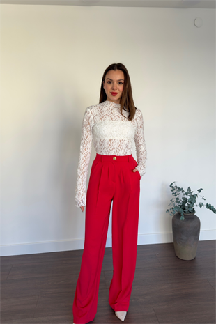 Kırmızı Pileli Palazzo Pantolon