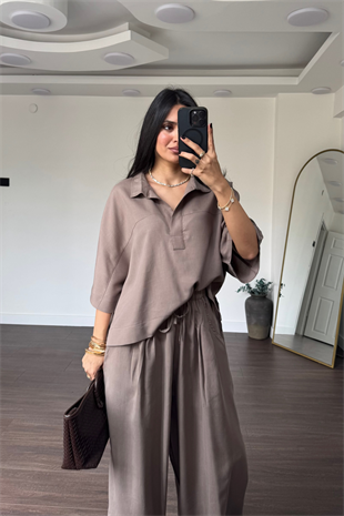 Kısa Kol Şalvar Pantolon Keten Takım-Bej