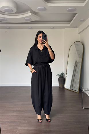 Kısa Kol Şalvar Pantolon Keten Takım-Siyah