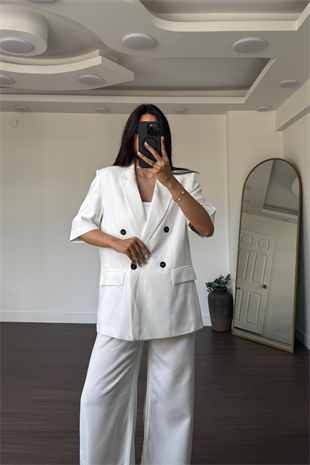 Kısa Kollu Keten Blazer Ceket-Beyaz