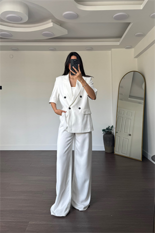 Kısa Kollu Keten Blazer Ceket-Beyaz