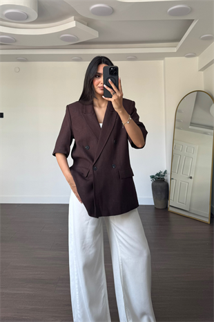 Kısa Kollu Keten Blazer Ceket-Kahve