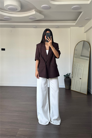 Kısa Kollu Keten Blazer Ceket-Kahve