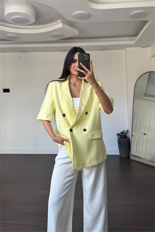 Kısa Kollu Keten Blazer Ceket-Sarı