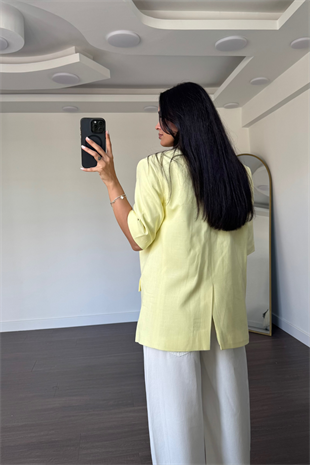 Kısa Kollu Keten Blazer Ceket-Sarı
