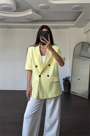 Kısa Kollu Keten Blazer Ceket-Sarı