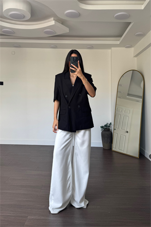Kısa Kollu Keten Blazer Ceket-Siyah