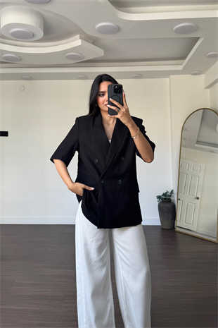 Kısa Kollu Keten Blazer Ceket-Siyah