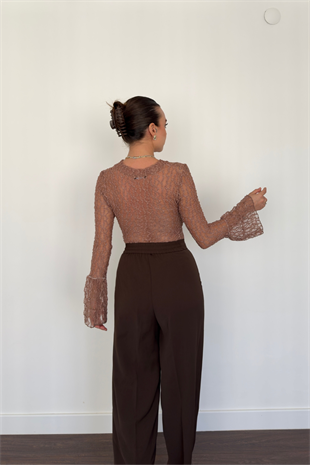 Kloş Kol Dantel Bluz-Vizon