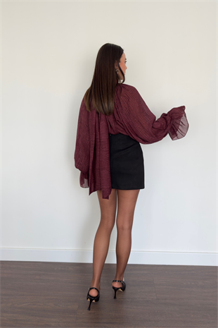 Kolları Fırfır Detaylı Transparan Bluz-Bordo
