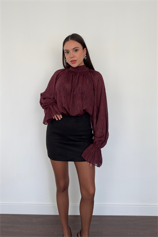 Kolları Fırfır Detaylı Transparan Bluz-Bordo