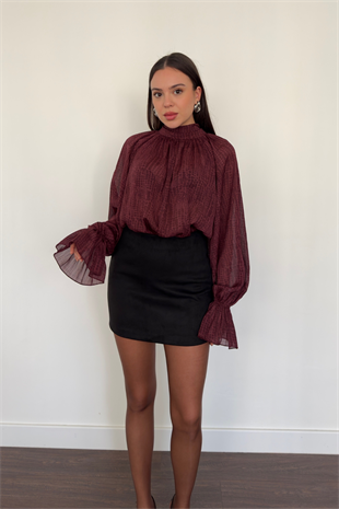 Kolları Fırfır Detaylı Transparan Bluz-Bordo