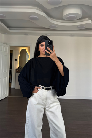 Kolları Lastikli Oversize Bluz-Siyah