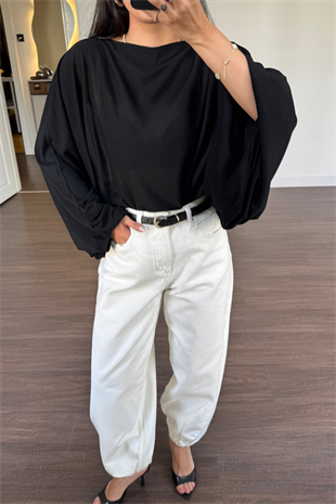 Kolları Lastikli Oversize Bluz-Siyah